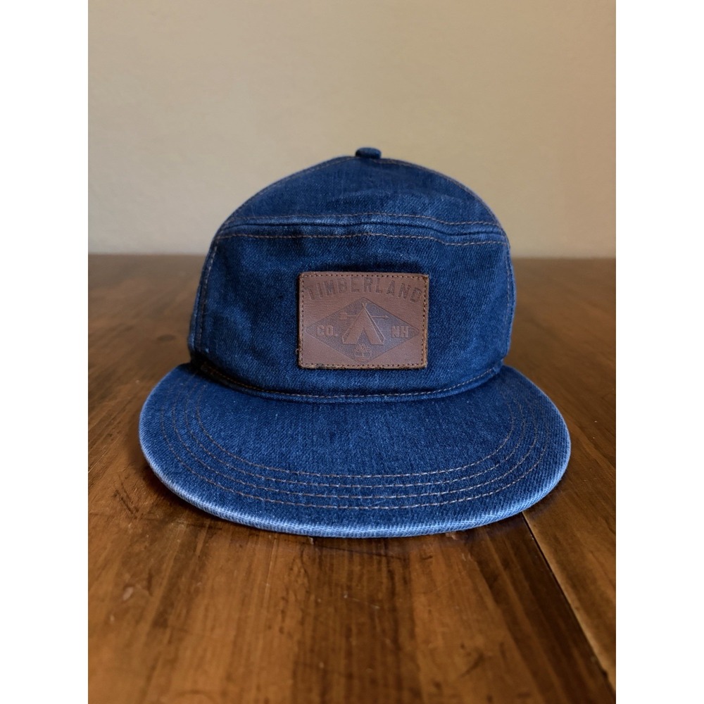 Vintage Timberland Denim Hat Cap Leather Adjust Strap Panel Patch Hiking Camp